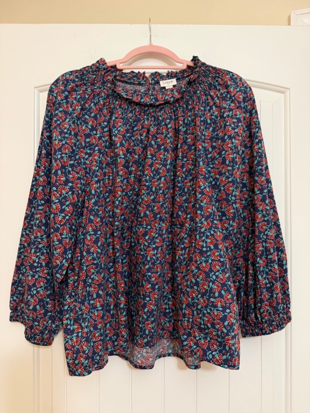 J. Crew Navy Floral Peasant Blouse with Red & Teal Accents Sz. XXL